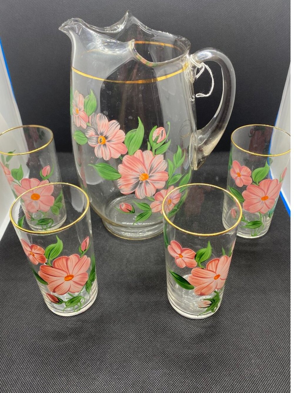 Federal Pink Floral Pitcher and 4 Glasses